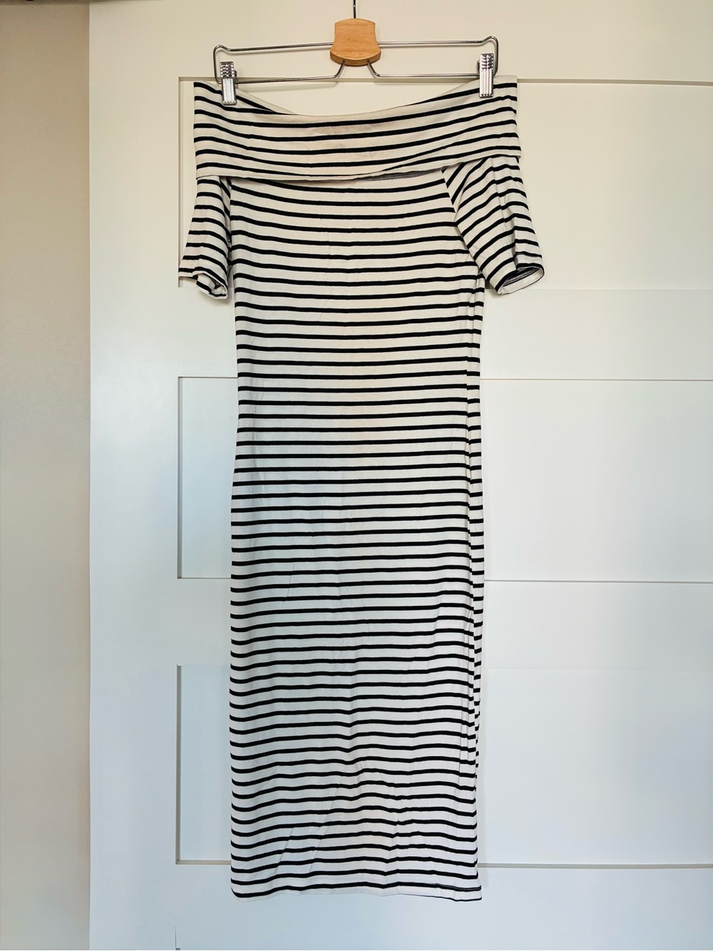ASOS 4 Black and White Striped Off-Shoulder Midi Dress